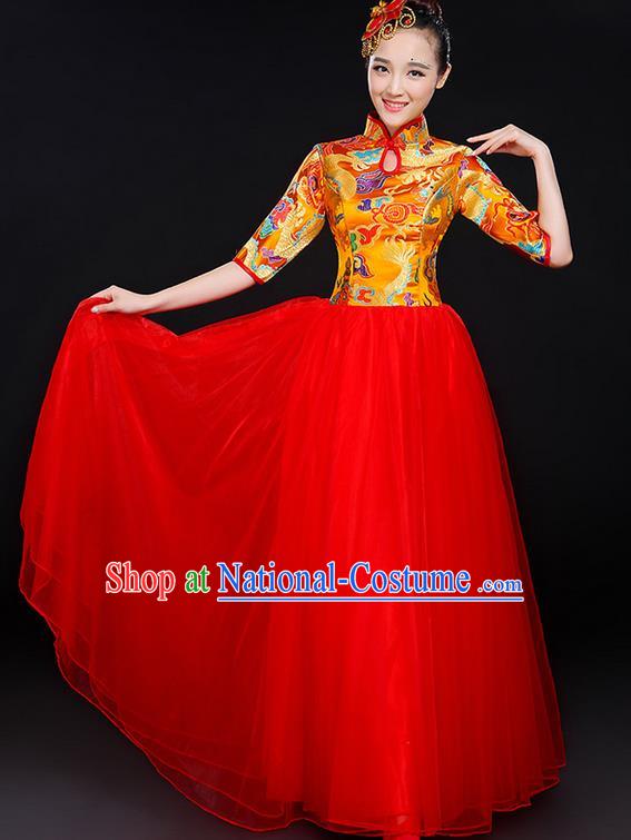 Traditional Chinese Modern Dancing Compere Costume, Women Opening Classic Chorus Singing Group Dance Bubble Uniforms, Modern Dance Classic Dance Big Swing Gold Cheongsam Dress for Women