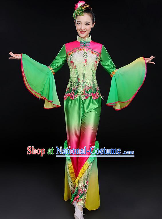 Traditional Chinese Yangge Fan Dancing Costume, Folk Dance Yangko Mandarin Sleeve Uniforms, Classic Lotus Dance Elegant Dress Drum Dance Flowers Clothing for Women