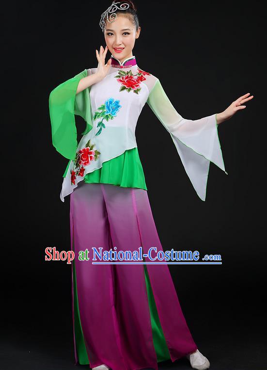 Traditional Chinese Yangge Fan Dancing Costume, Folk Dance Yangko Mandarin Sleeve Embroidered Peony Uniforms, Classic Dance Elegant Dress Drum Dance Flowers Clothing for Women