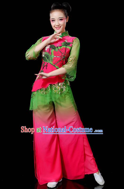 Traditional Chinese Yangge Fan Dancing Costume, Folk Dance Yangko Mandarin Sleeve Uniforms, Classic Lotus Dance Elegant Dress Drum Dance Flowers Clothing for Women