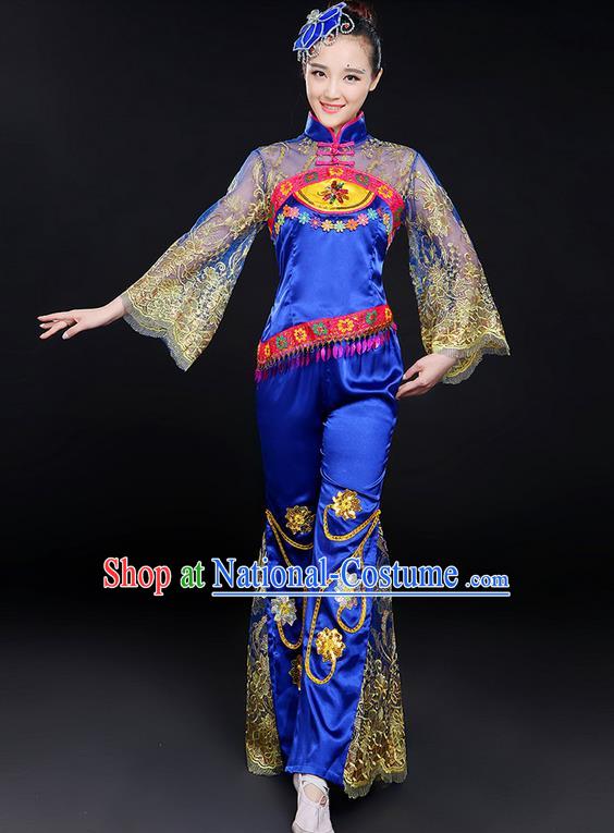 Traditional Chinese Yangge Fan Dancing Costume, Folk Dance Yangko Mandarin Sleeve Embroidered Uniforms, Classic Dance Elegant Dress Drum Dance Flowers Clothing for Women