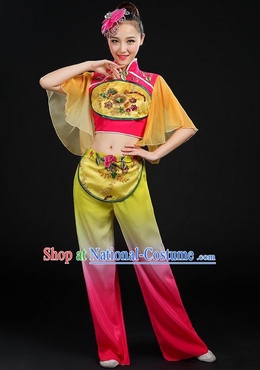 Traditional Chinese Yangge Fan Dancing Costume, Folk Dance Yangko Mandarin Sleeve Embroidered Uniforms, Classic Dance Elegant Dress Drum Dance Flowers Clothing for Women