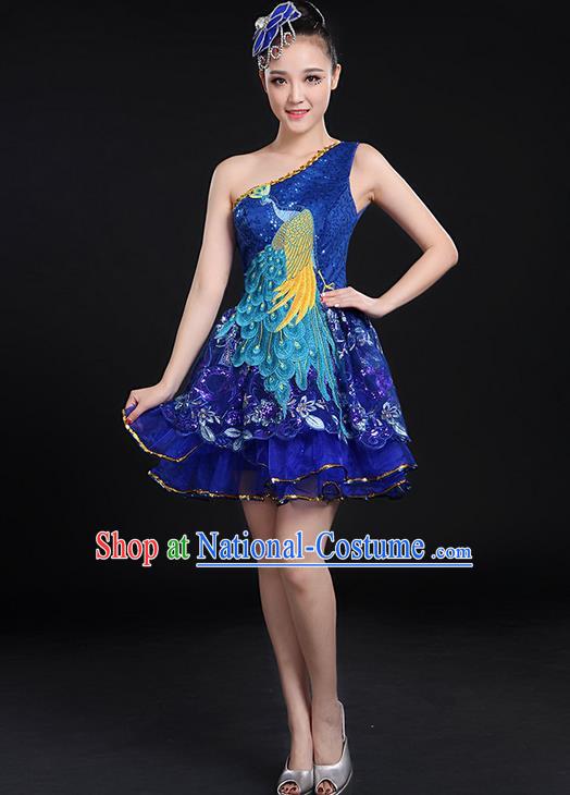 Traditional Chinese Modern Dancing Compere Costume, Women Opening Classic Chorus Singing Group Dance Paillette Peacock Uniforms, Modern Dance Bubble Short Dress for Women