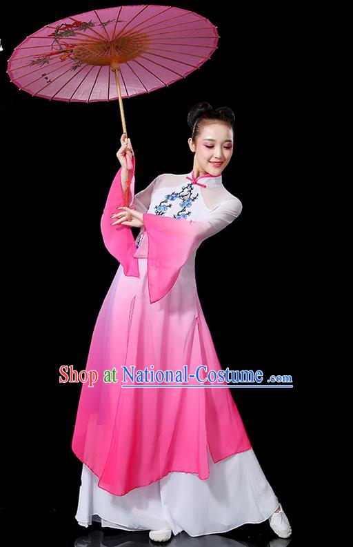 Traditional Chinese Yangge Fan Dancing Costume, Folk Dance Yangko Mandarin Sleeve Embroidered Plum Blossom Uniforms, Classic Umbrella Dance Elegant Dress Drum Dance Pink Clothing for Women