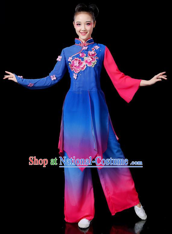 Traditional Chinese Yangge Fan Dancing Costume, Folk Dance Yangko Mandarin Sleeve Uniforms, Classic Dance Elegant Embroidered Peony Dress Drum Dance Clothing for Women