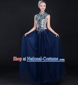 Traditional Chinese Modern Dancing Compere Costume, Women Opening Classic Chorus Singing Group Dance Bubble Uniforms, Modern Dance Classic Dance Big Swing Cheongsam Dress for Women