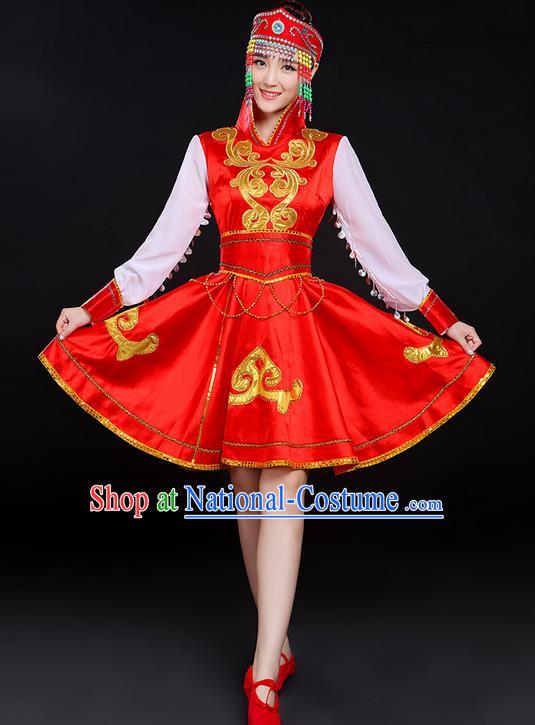 Traditional Chinese Mongol Nationality Dancing Costume, Mongols Female Folk Dance Ethnic Skirt, Chinese Mongolian Minority Nationality Embroidery Costume for Women