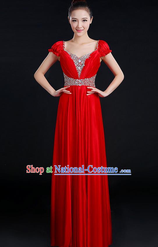 Traditional Chinese Modern Dancing Compere Costume, Women Opening Classic Chorus Singing Group Dance Crystal Dress Uniforms, Modern Dance Classic Dance Big Swing Red Dress for Women