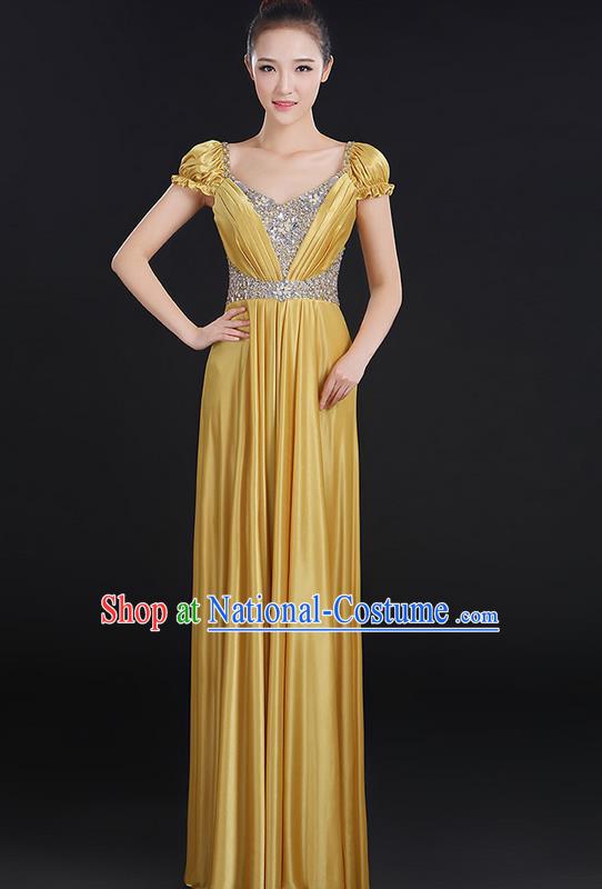 Traditional Chinese Modern Dancing Compere Costume, Women Opening Classic Chorus Singing Group Dance Crystal Dress Uniforms, Modern Dance Classic Dance Big Swing Gold Dress for Women