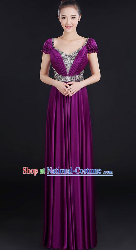 Traditional Chinese Modern Dancing Compere Costume, Women Opening Classic Chorus Singing Group Dance Crystal Dress Uniforms, Modern Dance Classic Dance Big Swing Purple Dress for Women