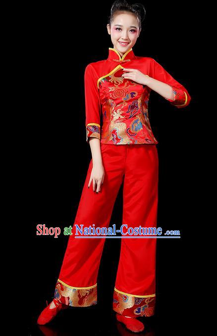 Traditional Chinese Yangge Fan Dancing Costume, Folk Dance Yangko Mandarin Sleeve Uniforms, Classic Dance Elegant Stand Collar Dress Drum Dance Red Clothing for Women