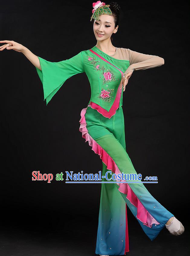 Traditional Chinese Yangge Fan Dancing Costume, Folk Dance Yangko Mandarin Sleeve Uniforms, Classic Umbrella Dance Elegant Dress Drum Dance Green Clothing for Women