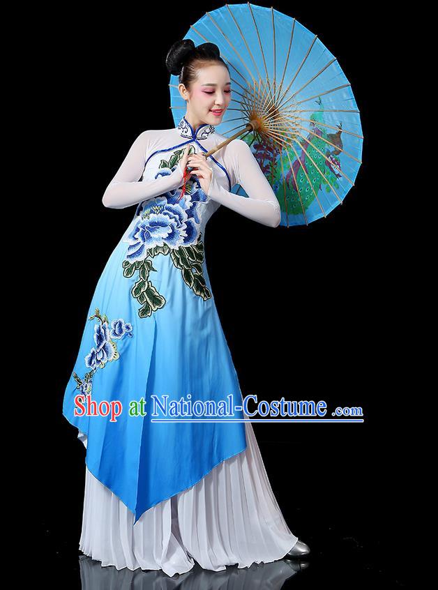 Traditional Chinese Yangge Fan Dancing Costume, Folk Dance Yangko Uniforms, Classic Umbrella Dance Elegant Peony Dress Drum Dance Clothing for Women