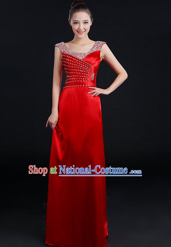 Traditional Chinese Modern Dancing Compere Costume, Women Opening Classic Chorus Singing Group Dance Crystal Dress Uniforms, Modern Dance Classic Dance Red Dress for Women