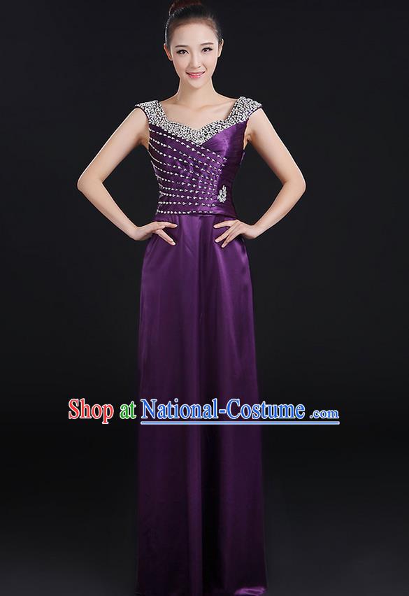 Traditional Chinese Modern Dancing Compere Costume, Women Opening Classic Chorus Singing Group Dance Crystal Dress Uniforms, Modern Dance Classic Dance Purple Dress for Women