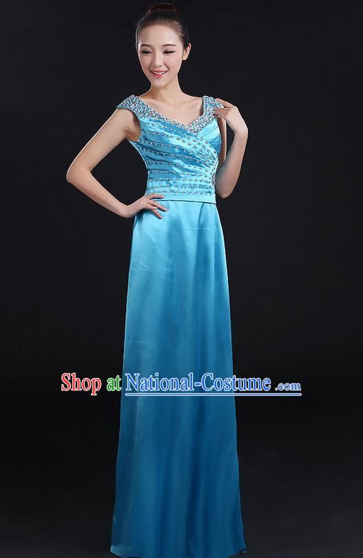 Traditional Chinese Modern Dancing Compere Costume, Women Opening Classic Chorus Singing Group Dance Crystal Dress Uniforms, Modern Dance Classic Dance Blue Dress for Women