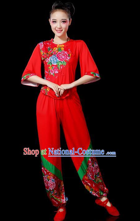 Traditional Chinese Yangge Fan Dancing Costume, Folk Dance Yangko Peony Uniforms, Classic Umbrella Dance Elegant Dress Drum Dance Red Clothing for Women