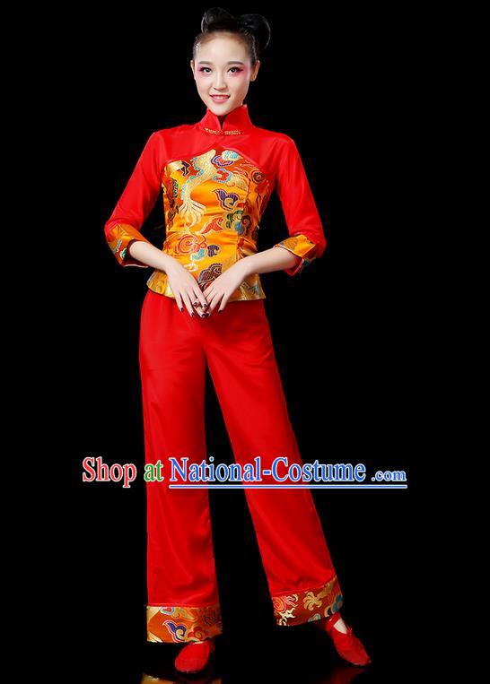 Traditional Chinese Yangge Fan Dancing Costume, Folk Dance Yangko Mandarin Sleeve Uniforms, Classic Dance Elegant Stand Collar Dress Drum Dance Gold Clothing for Women