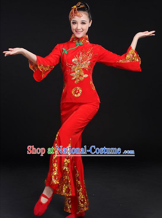 Traditional Chinese Yangge Fan Dancing Costume, Folk Dance Yangko Paillette Uniforms, Classic Umbrella Dance Elegant Red Dress Drum Dance Clothing for Women