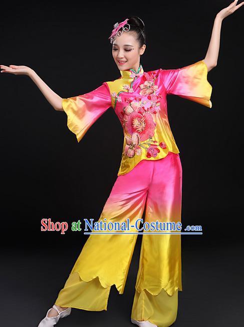 Traditional Chinese Yangge Fan Dancing Costume, Folk Dance Yangko Uniforms, Classic Umbrella Dance Elegant Mandarin Sleeve Dress Drum Dance Pink Clothing for Women