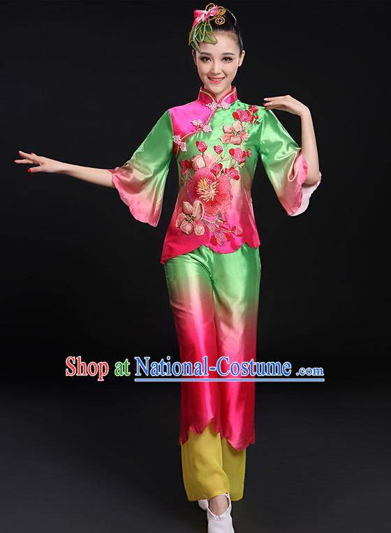 Traditional Chinese Yangge Fan Dancing Costume, Folk Dance Yangko Uniforms, Classic Umbrella Dance Elegant Mandarin Sleeve Dress Drum Dance Green Clothing for Women