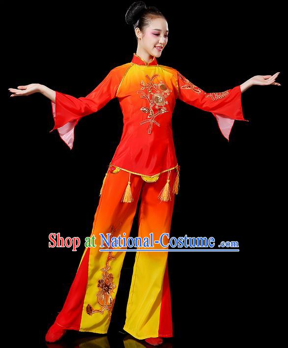 Traditional Chinese Yangge Fan Dancing Costume, Folk Dance Yangko Uniforms, Classic Umbrella Dance Elegant Tassel Dress Drum Dance Clothing for Women