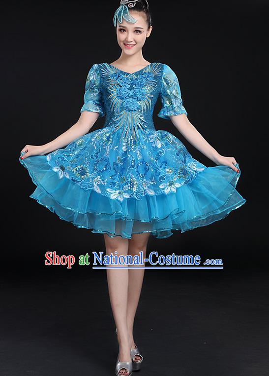 Traditional Chinese Modern Dancing Compere Costume, Women Opening Classic Chorus Singing Group Dance Paillette Uniforms, Modern Dance Bubble Short Blue Dress for Women