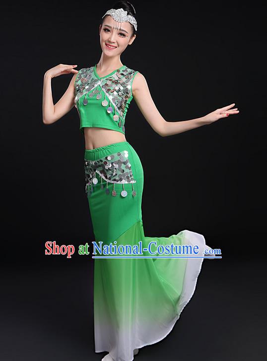 Traditional Chinese Dai Nationality Peacock Dancing Costume, Folk Dance Ethnic Paillette Fishtail Dress Uniform, Chinese Minority Nationality Dancing Green Clothing for Women