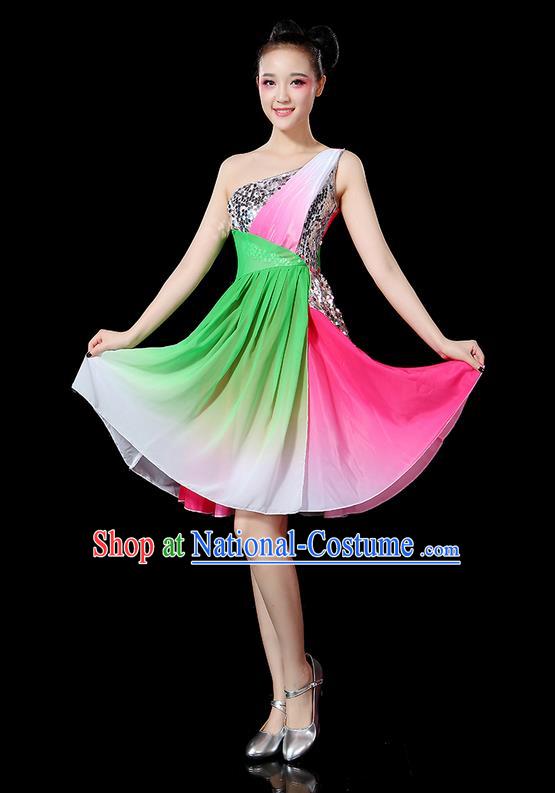 Traditional Chinese Yangge Fan Dancing Costume, Folk Dance Yangko Paillette Uniforms, Classic Umbrella Dance Elegant Short Dress Drum Dance Clothing for Women