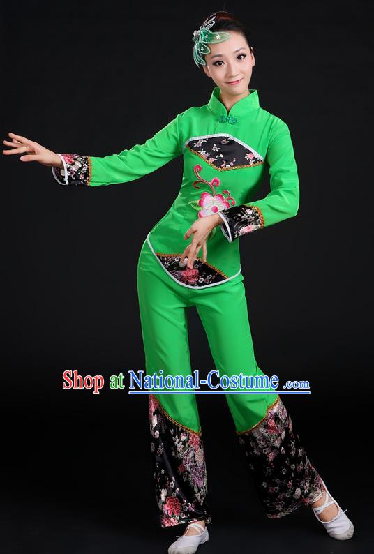 Traditional Chinese Yangge Fan Dancing Costume, Folk Dance Yangko Uniforms, Classic Umbrella Dance Elegant Dress Drum Dance Green Clothing for Women