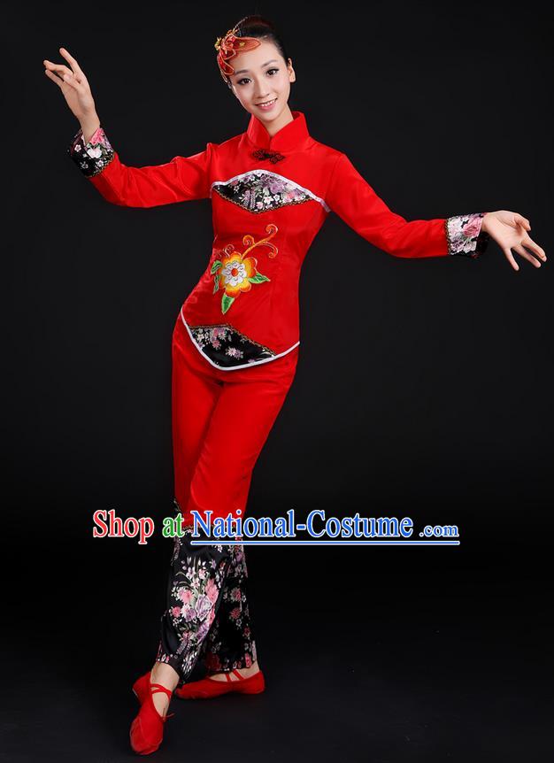 Traditional Chinese Yangge Fan Dancing Costume, Folk Dance Yangko Uniforms, Classic Umbrella Dance Elegant Dress Drum Dance Red Clothing for Women