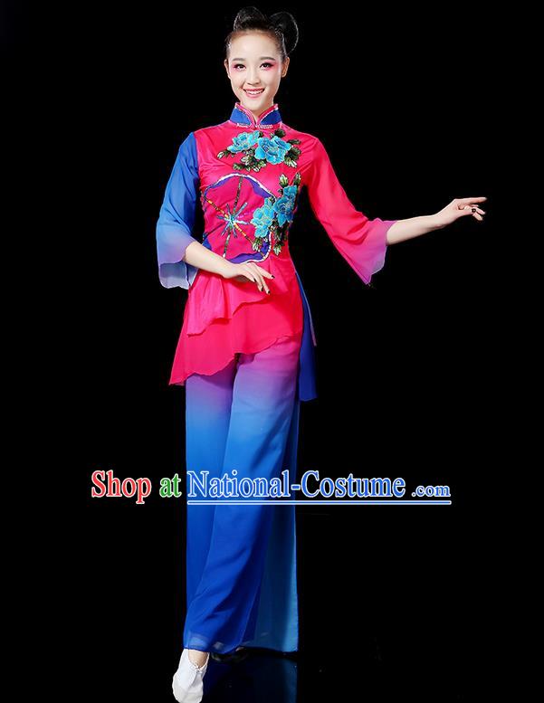 Traditional Chinese Yangge Fan Dancing Costume, Folk Dance Yangko Flowers Uniforms, Classic Umbrella Dance Elegant Dress Drum Dance Clothing for Women