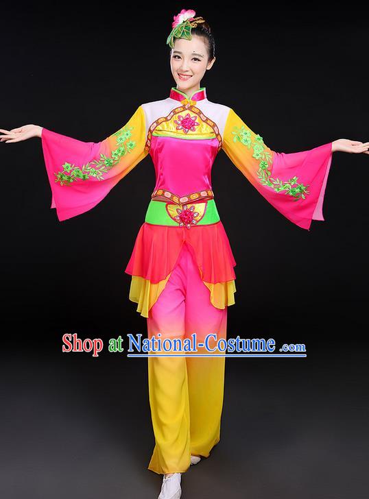 Traditional Chinese Yangge Fan Dancing Costume, Folk Dance Yangko Flowers Mandarin Sleeve Uniforms, Classic Umbrella Dance Elegant Dress Drum Dance Clothing for Women