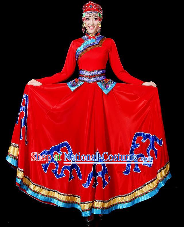 Traditional Chinese Mongol Nationality Dancing Costume, Mongols Female Folk Dance Ethnic Big Swing Dress, Chinese Mongolian Minority Nationality Embroidery Costume for Women