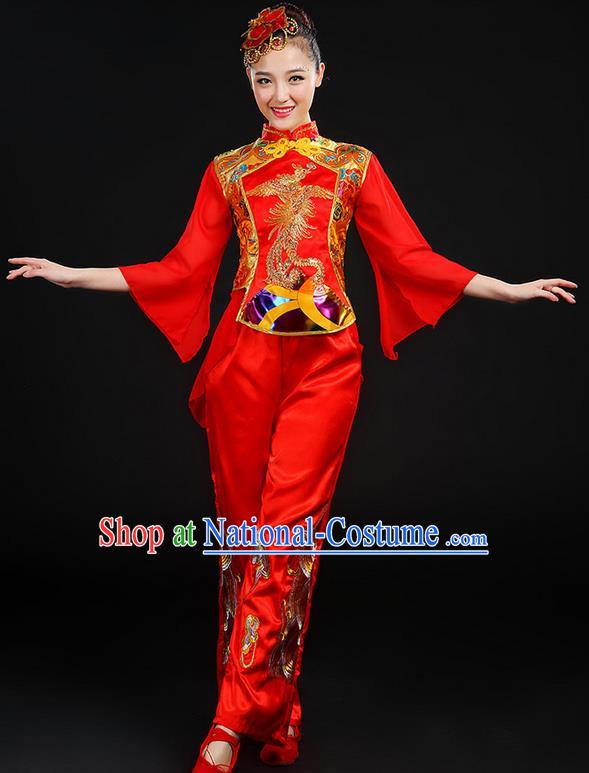 Traditional Chinese Yangge Fan Dancing Costume, Folk Dance Yangko Mandarin Sleeve Uniforms, Classic Umbrella Dance Elegant Dress Drum Dance Phoenix Clothing for Women