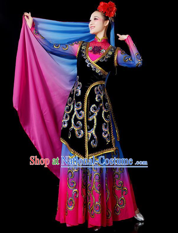 Traditional Chinese Uyghur Nationality Dancing Costume, Folk Dance Ethnic Embroidered Dress, Chinese Minority Nationality Uigurian Dance Costume for Women