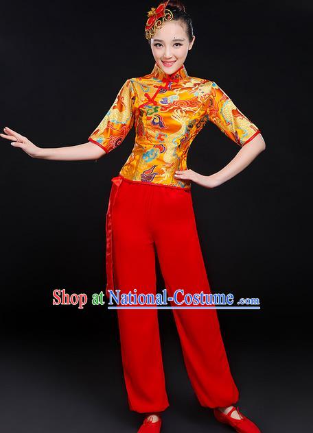 Traditional Chinese Yangge Fan Dancing Costume, Folk Dance Yangko Dragon Uniforms, Classic Umbrella Dance Elegant Dress Drum Dance Gold Clothing for Women