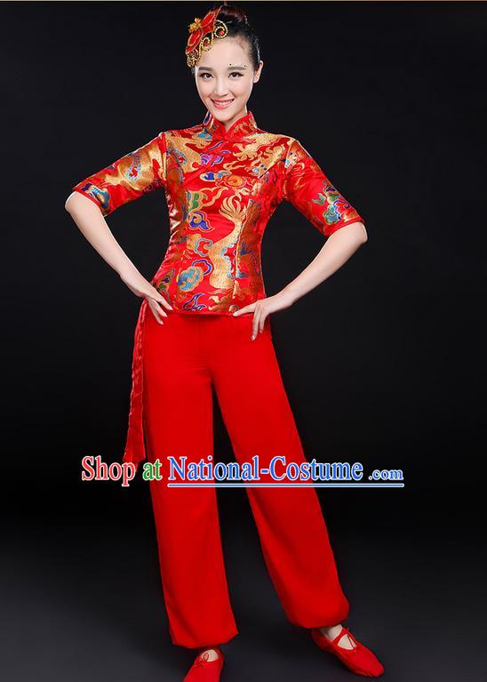 Traditional Chinese Yangge Fan Dancing Costume, Folk Dance Yangko Dragon Uniforms, Classic Umbrella Dance Elegant Dress Drum Dance Red Clothing for Women