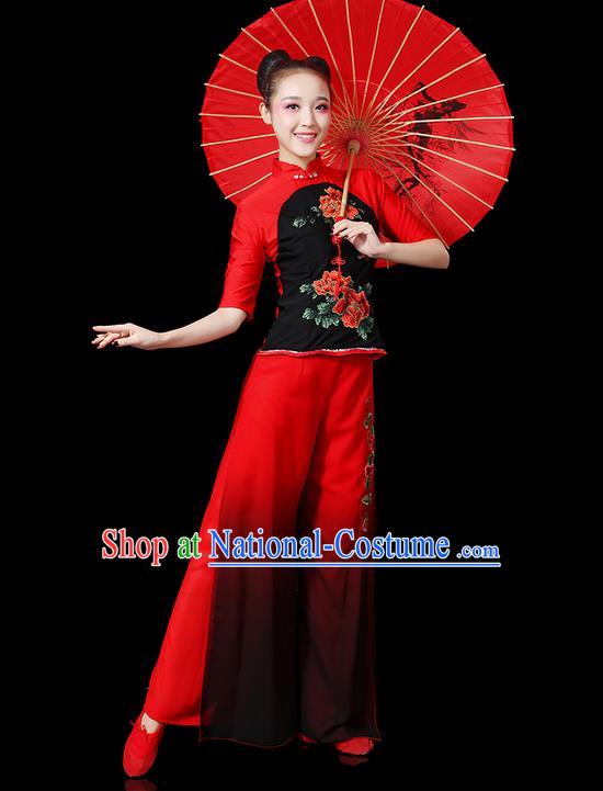 Traditional Chinese Yangge Fan Dancing Costume, Folk Dance Yangko Peony Uniforms, Classic Umbrella Dance Elegant Dress Drum Dance Red Clothing for Women