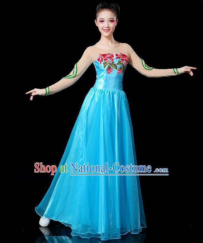 Traditional Chinese Yangge Fan Dancing Costume, Folk Dance Yangko Flowers Peony Uniforms, Classic Umbrella Dance Elegant Blue Dress Drum Dance Clothing for Women