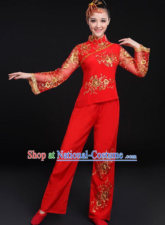 Traditional Chinese Yangge Fan Dancing Costume, Folk Dance Yangko Gilding Flowers Peony Uniforms, Classic Umbrella Dance Elegant Dress Drum Dance Red Clothing for Women