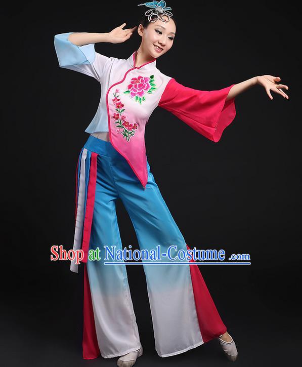 Traditional Chinese Yangge Fan Dancing Costume, Folk Dance Yangko Flowers Mandarin Sleeve Embroidered Peony Uniforms, Classic Umbrella Dance Elegant Dress Drum Dance Blue Clothing for Women