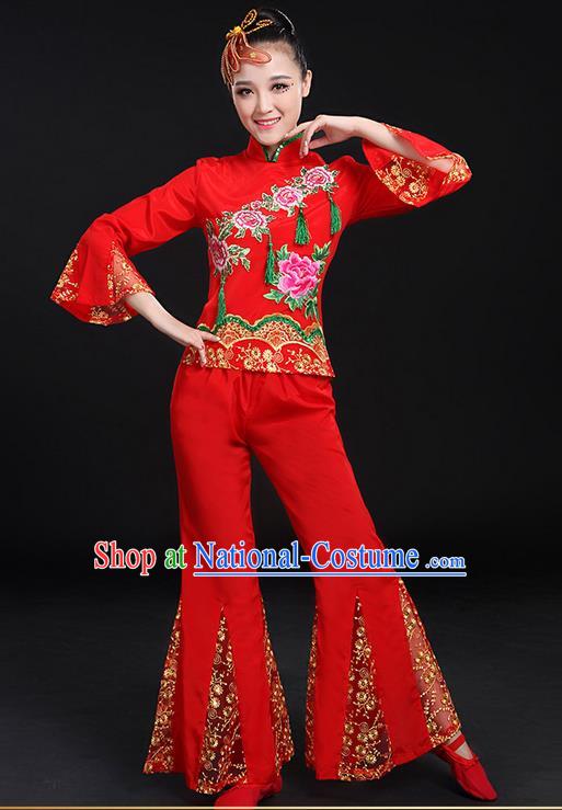 Traditional Chinese Yangge Fan Dancing Costume, Folk Dance Yangko Flowers Mandarin Sleeve Embroidered Peony Uniforms, Classic Umbrella Dance Elegant Dress Drum Dance Red Clothing for Women