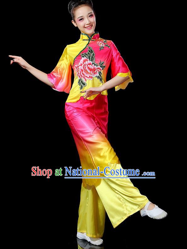 Traditional Chinese Yangge Fan Dancing Costume, Folk Dance Yangko Flowers Peony Uniforms, Classic Umbrella Dance Elegant Dress Drum Dance Pink Clothing for Women