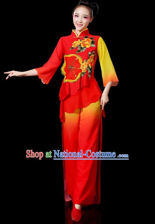 Traditional Chinese Yangge Fan Dancing Costume, Folk Dance Yangko Mandarin Sleeve Embroidered Peony Uniforms, Classic Umbrella Dance Elegant Dress Drum Dance Red Clothing for Women