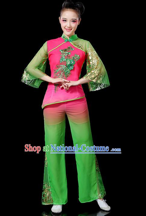 Traditional Chinese Yangge Fan Dancing Costume, Folk Dance Yangko Mandarin Sleeve Uniforms, Classic Umbrella Dance Elegant Dress Drum Dance Green Clothing for Women