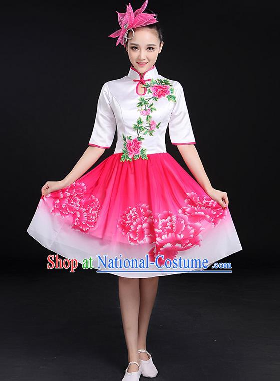 Traditional Chinese Modern Dancing Compere Costume, Women Opening Classic Chorus Singing Group Dance Bubble Peony Uniforms, Modern Dance Classic Dance Big Swing Cheongsam Pink Dress for Women