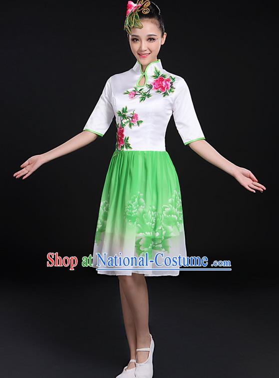 Traditional Chinese Modern Dancing Compere Costume, Women Opening Classic Chorus Singing Group Dance Bubble Peony Uniforms, Modern Dance Classic Dance Big Swing Cheongsam Green Dress for Women