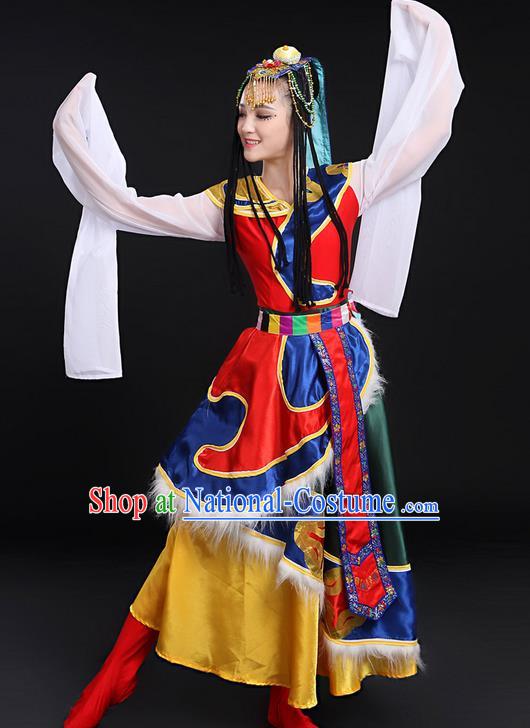 Traditional Chinese Mongol Nationality Dancing Costume, Mongols Female Folk Dance Ethnic Long Water-Sleeve Dress, Chinese Mongolian Minority Nationality Embroidery Costume for Women