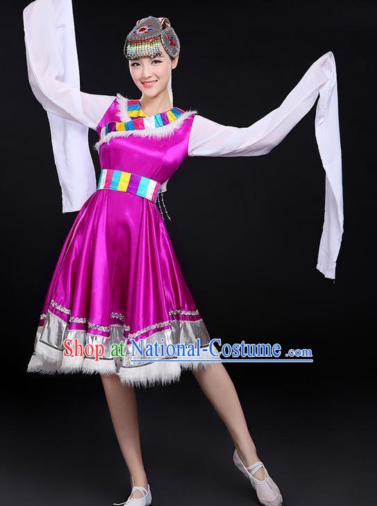 Traditional Chinese Mongol Nationality Dancing Costume, Mongols Female Folk Saussurea Involucrata Dance Ethnic Long Water-Sleeve Dress, Chinese Mongolian Minority Nationality Embroidery Purple Costume for Women